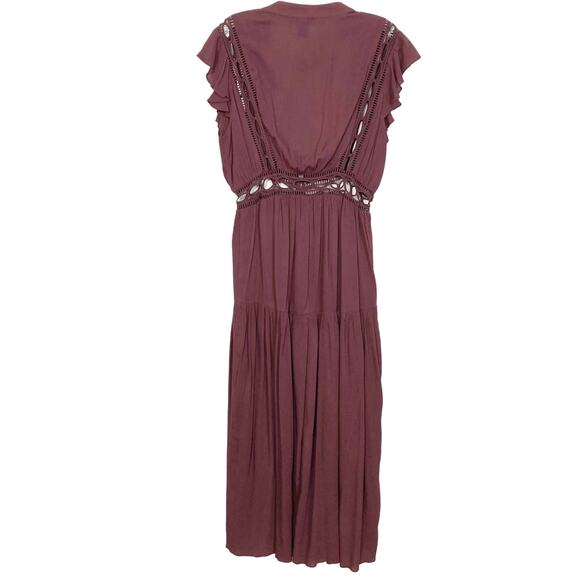 NWOT RUE21 Cardigan Cover-Up Robe Dress M Burgundy Crochet Ruffle Button Maxi - Picture 2 of 8